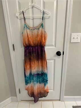 Love Multicolor Brushstroke Maxi Dress in Orange and Teal